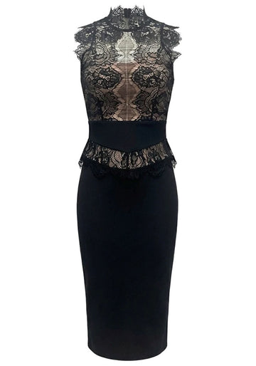Lace Insert Midi Dress Black