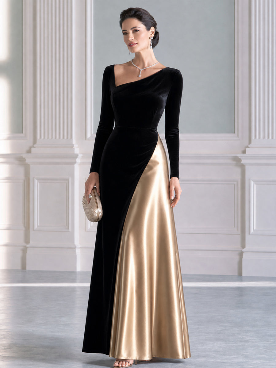 Elegant Velvet And Satin Asymmetrical Long Sleeve Maxi Gown