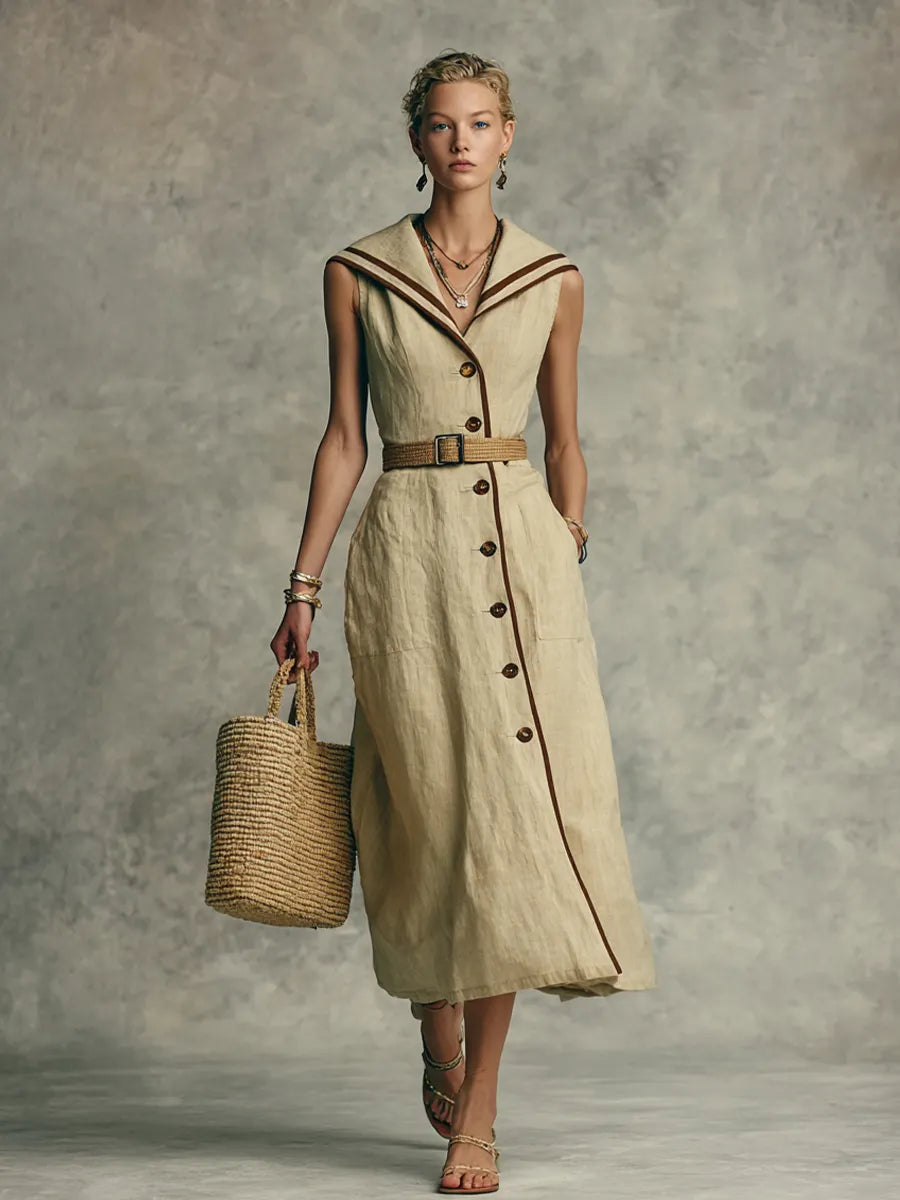 Women's Vintage Light Khaki Linen-Cotton Color-Blocked Sailor Collar Sleeveless Waisted Midi Dress(Product Does Not Include Belt) MDZ2465D8GMJ