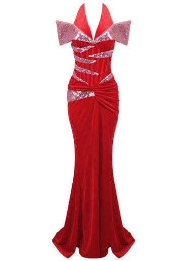 Halter Sequin Corset Maxi Velvet Dress Red
