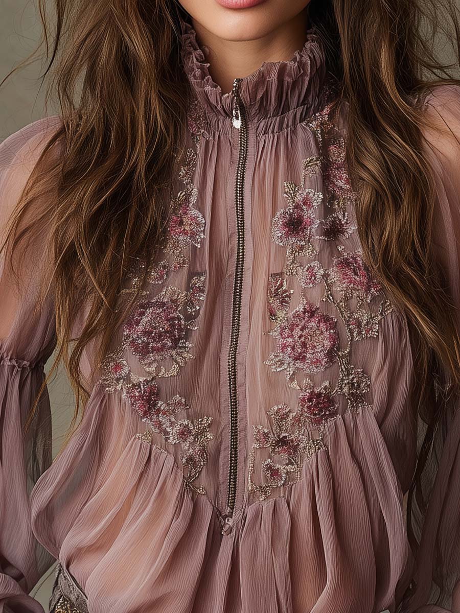 Bohemian Elegance Sheer Embroidered Zip-Front Chiffon Blouse