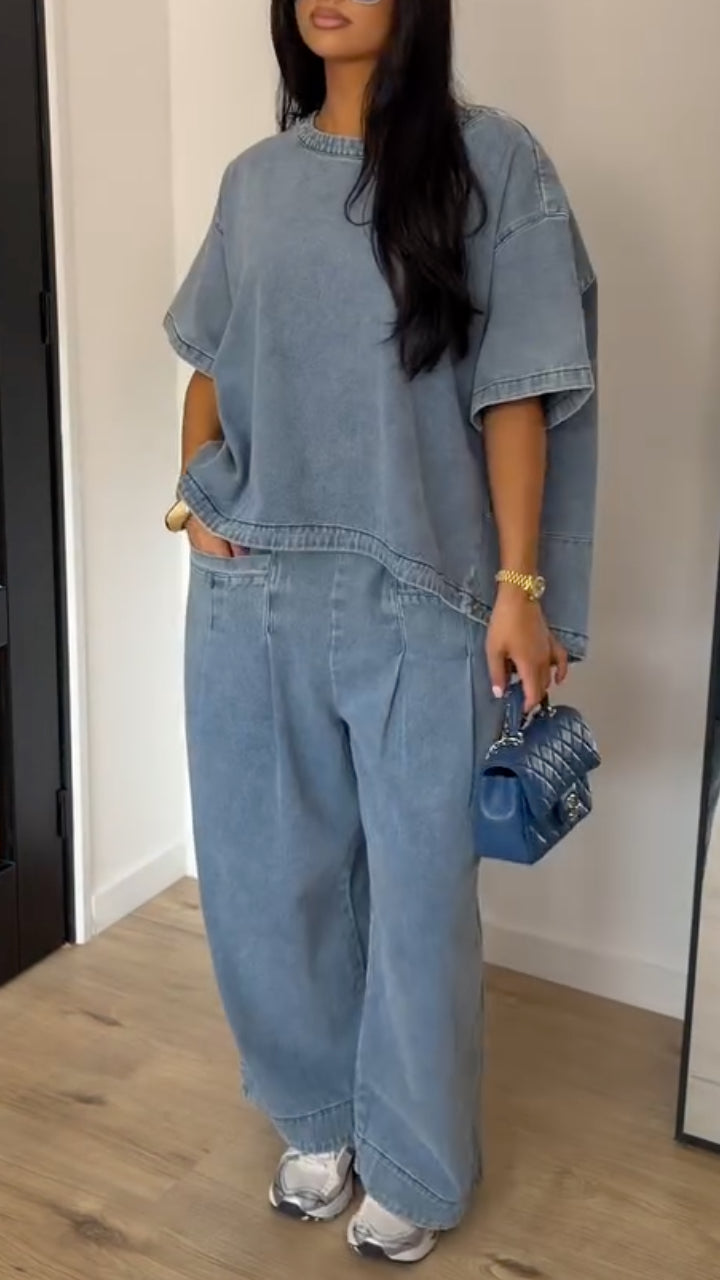 Women's Washed Blue Loose Wide-Leg Denim Trousers – Two-Piece Set