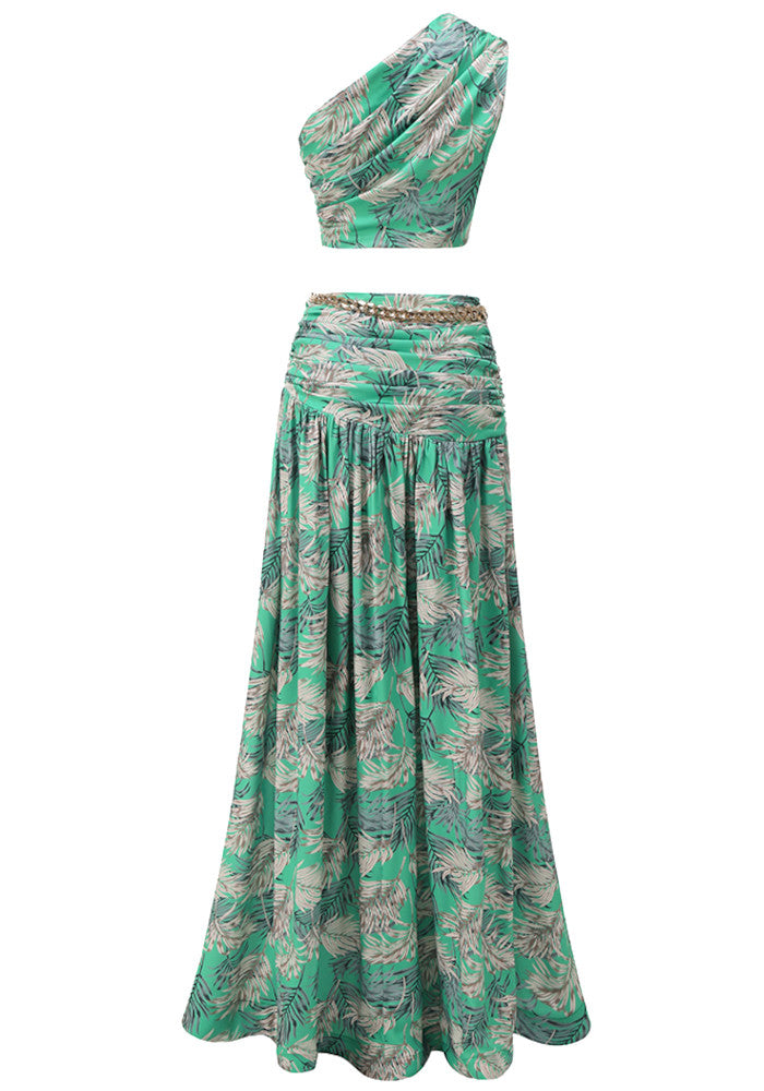 One Shoulder Floral Two Piece Maxi Dress Green
