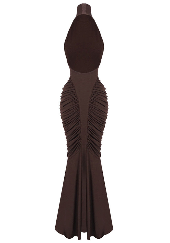 Halter Draped Backless Maxi Dress Brown