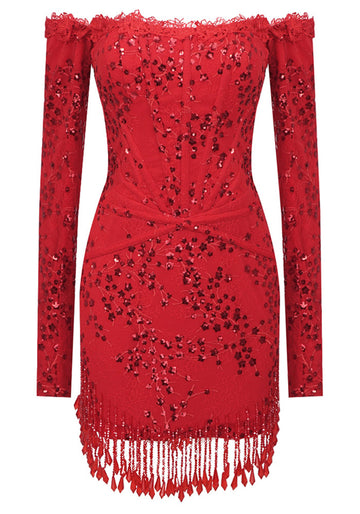 Long Sleeve Strapless Sequin Tassel Dress Red
