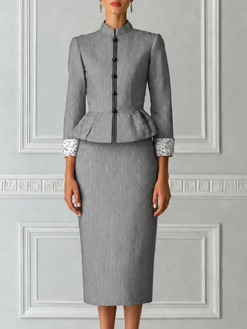 Grey Pinstripe Stand Collar Single Breasted Peplum Tailored Jacket & Pencil Skirt Two-Piece Suit Set