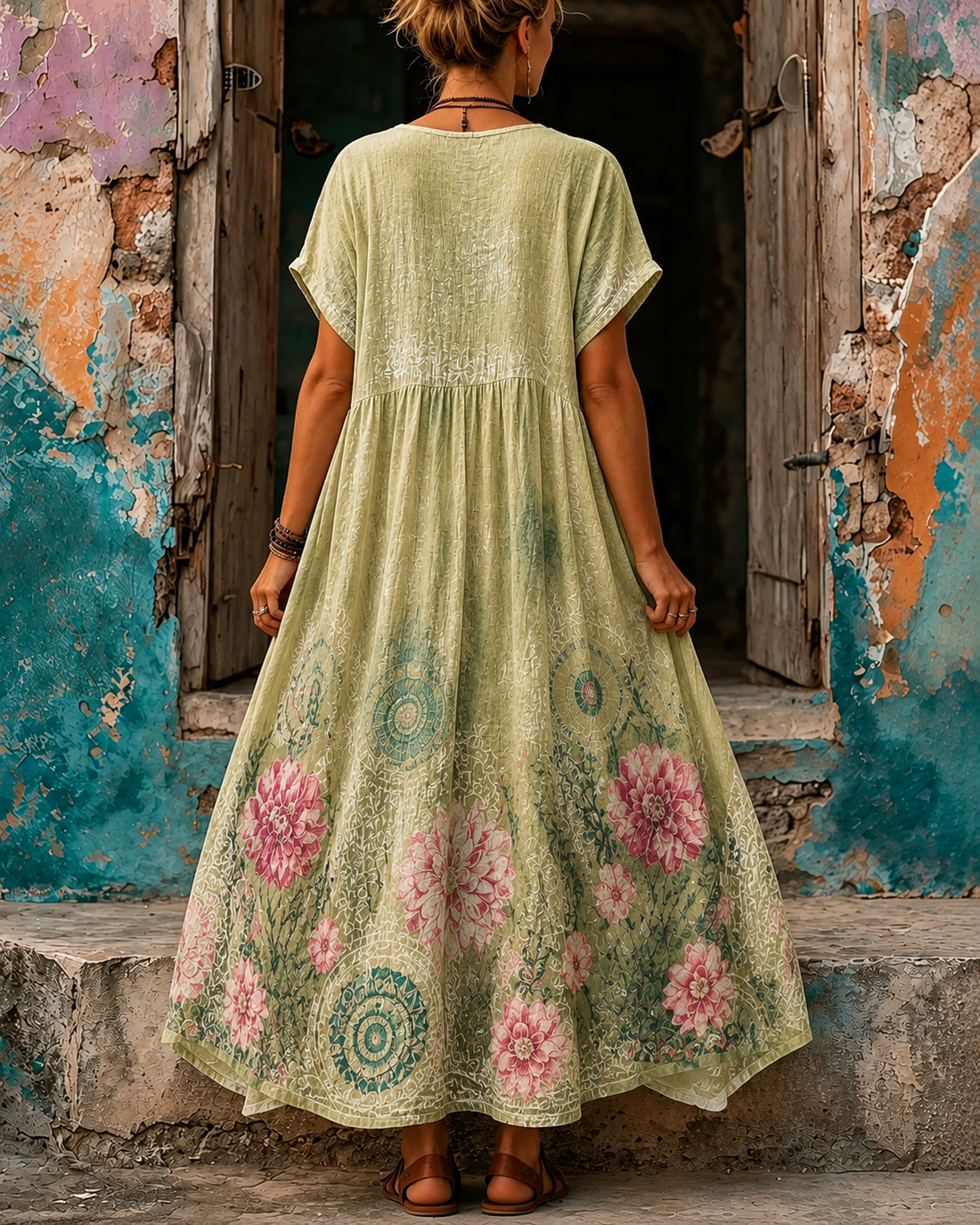 Women's Vacation Linen Floral Print V-Neck Short Sleeve Maxi Dress
