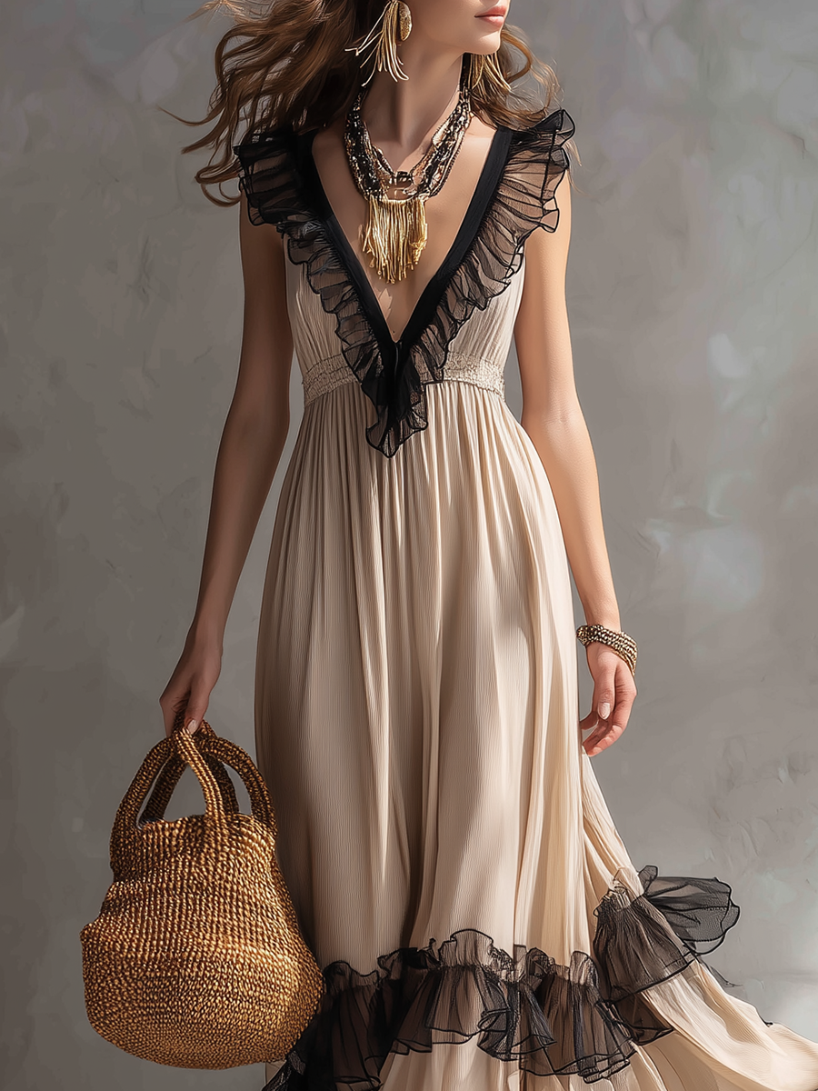Elegant Beige And Black Color Blocked Ruffled Maxi Dress