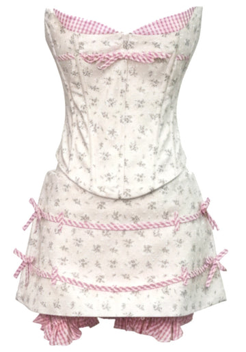 Strapless Floral Corset Two Piece Dress White Pink