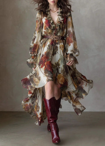 Romantic Floral Print V-Neck Ruffled Chiffon Maxi Dress