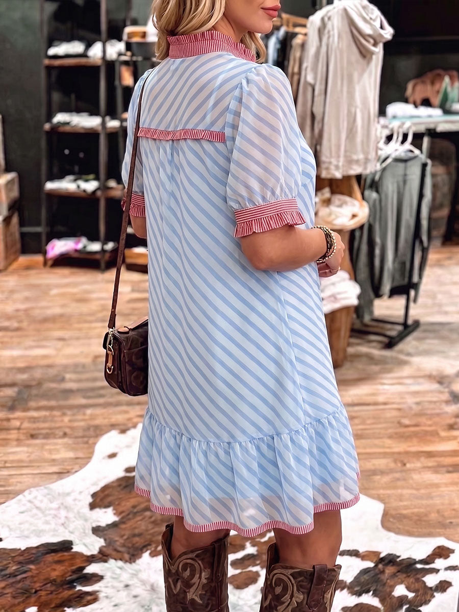 Vintage Art Comfortable Summer Fabrics Patchwork Stripes Casual Dress