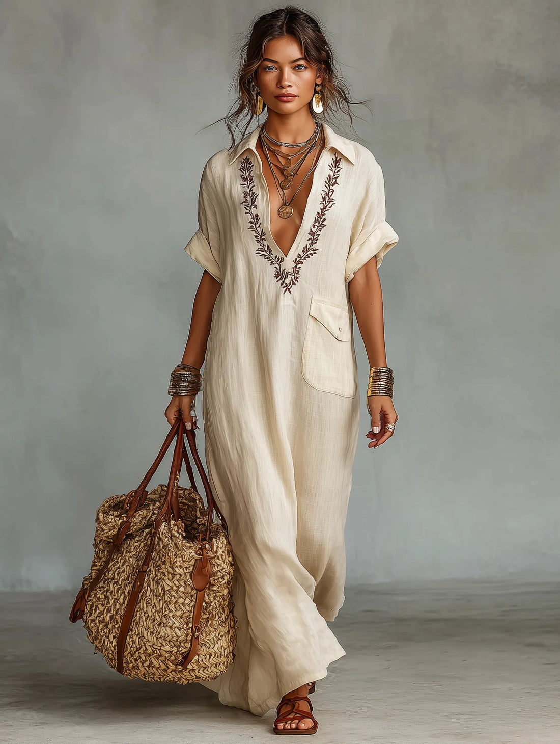 Women's Collared Cotton Linen Printed Casual Long Dress
