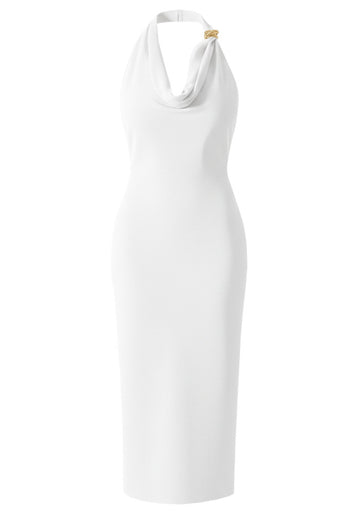 Halter Draped Design Midi Dress White