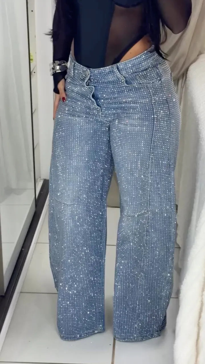 Over Rhinestone Wide Leg Cargo Denim Jeans
