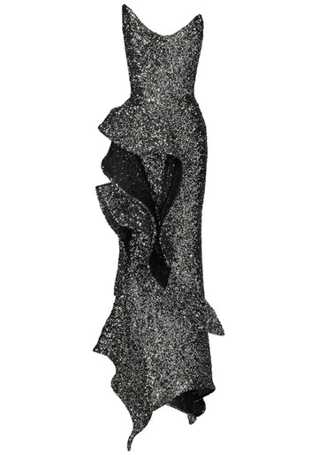 Strapless Sequin Ruffle Maxi Dress Silver