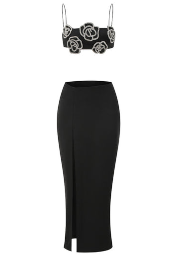 Crystal Floral Two Piece Maxi Dress Black