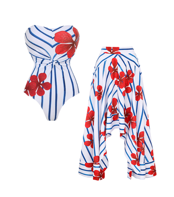 Off Shoulder Print One Piece Swimsuit and Skirt