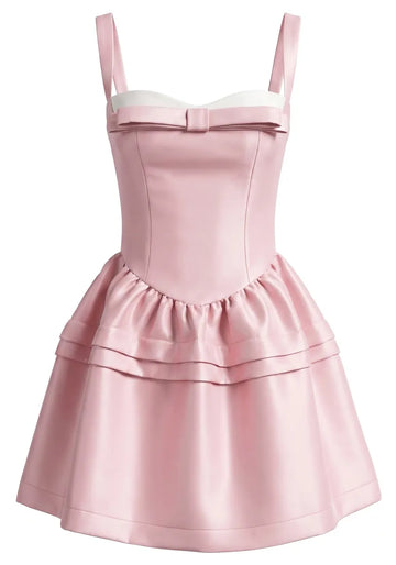 Bow Detail A Line Dress Pink White