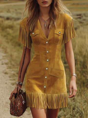 Western-style Vintage V-neck Fringed Faux Suede Mini Dress