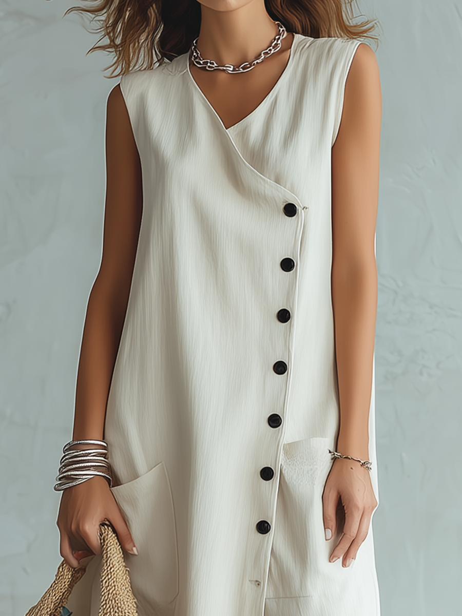 Minimal Button-Front Sleeveless Midi Dress