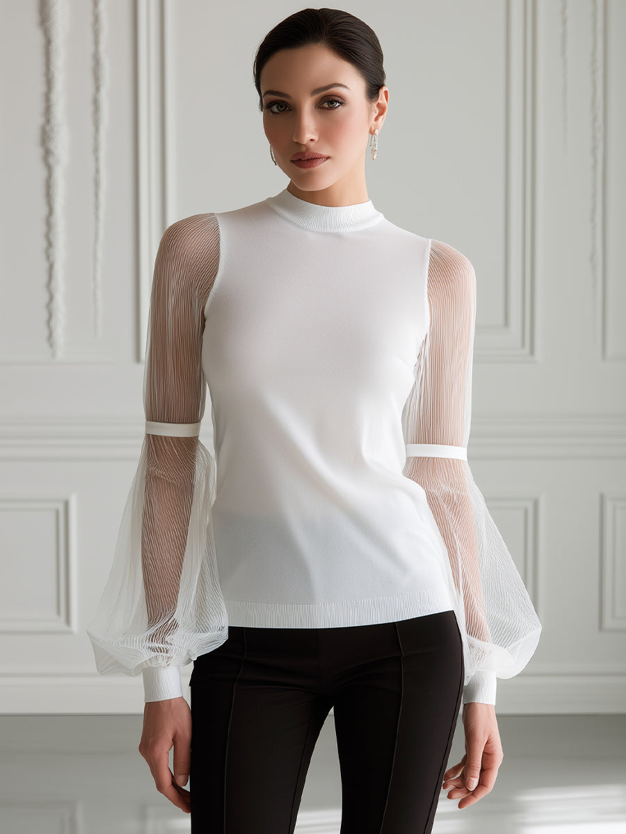 Mock-Neck Sheer Pleated Balloon Sleeve Knit Top