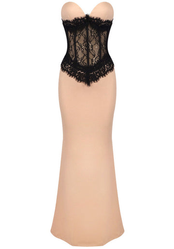 Strapless Lace Maxi Dress Nude Black