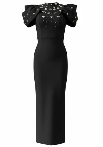 Draped Short Sleeve Crystal Maxi Dress Black