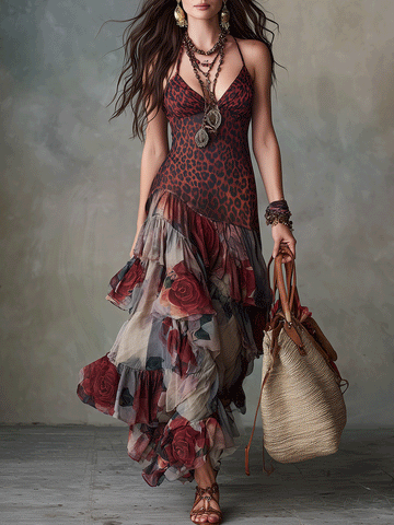 Wild Romance Leopard & Rose Layered Boho Maxi Dress