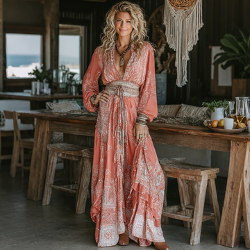 Elegant Paisley Print Long Sleeve Maxi Dress