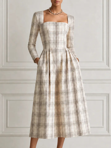 Ivory Plaid Square Neck Long Sleeve Pleated A-Line Midi Dress