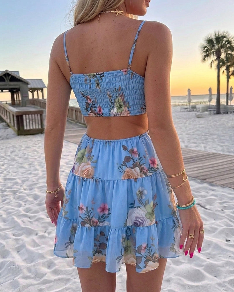 Women's Floral Cutout Mini Cami Dress Adjustable Strap Ruched Tied Shirred Ruffle Hem Vacation Sundress with Built-In Bra