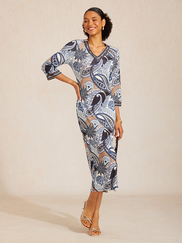 Abstract Paisley Print Knit Stretch Fitted Maxi Dress