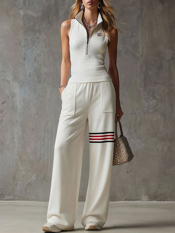 Sporty Retro White Striped Embroidered Sleeveless Vest And Wide-Leg Pants Set