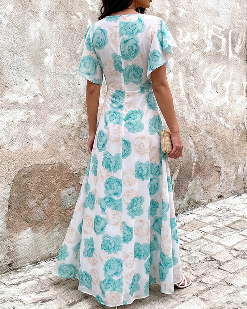 Women's Floral Print Deep V Neck Maxi Dress Flutter Sleeve High Waist Vacation Dress