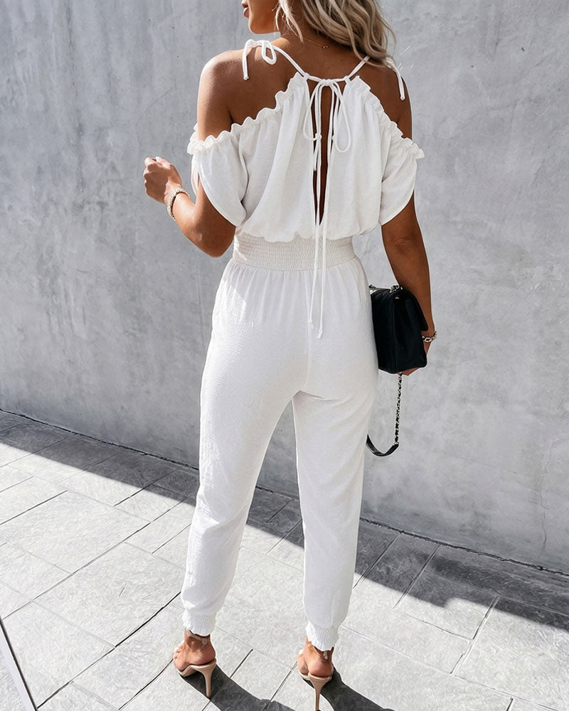 Women's Cold Shoulder Jumpsuit Surplice V Neck Shirred Waist Overalls Casual Frill Trim Tied Detail Hollow Out Jumpsuit