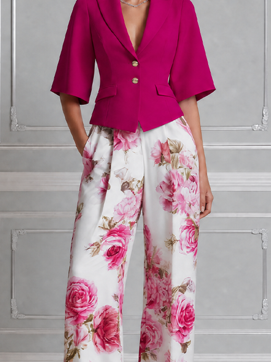 Fuchsia Cropped Blazer & Pink Rose Wide Leg Trousers Set