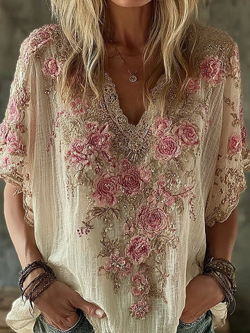 Women's Vintage Rose Floral Embroidery Cotton V  Neck T-shirt
