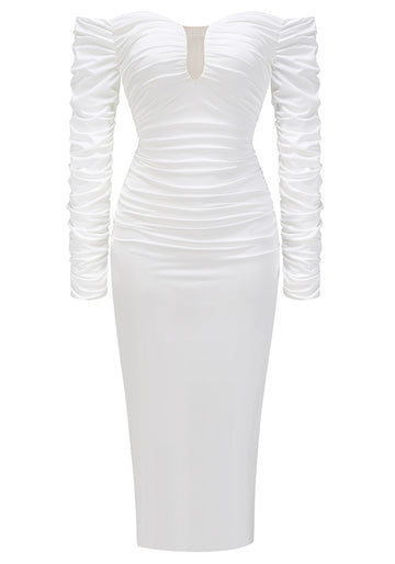 Long Sleeve Ruched Bardot Midi Dress White