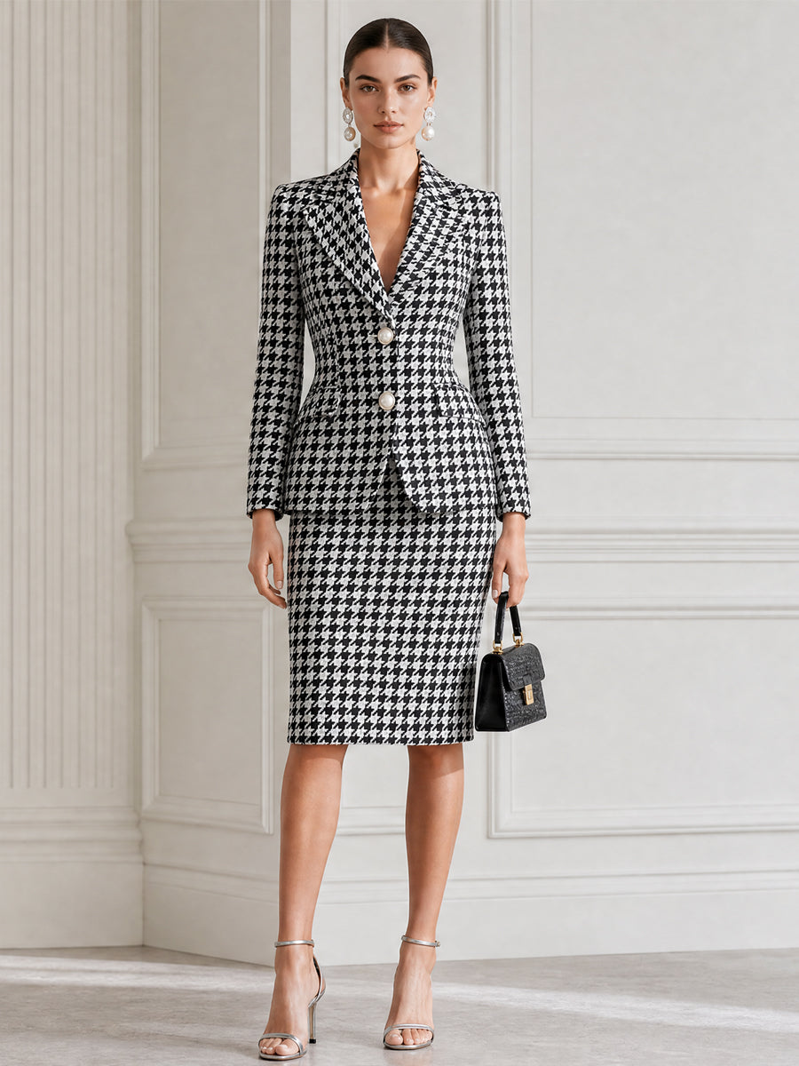 Black White Houndstooth Blazer & Pencil Skirt Business Suit