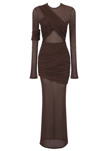 Long Sleeve Mesh Insert Draped Maxi Dress Brown