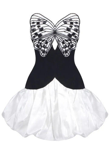 Strapless Sequin Butterfly Puff Dress Black White
