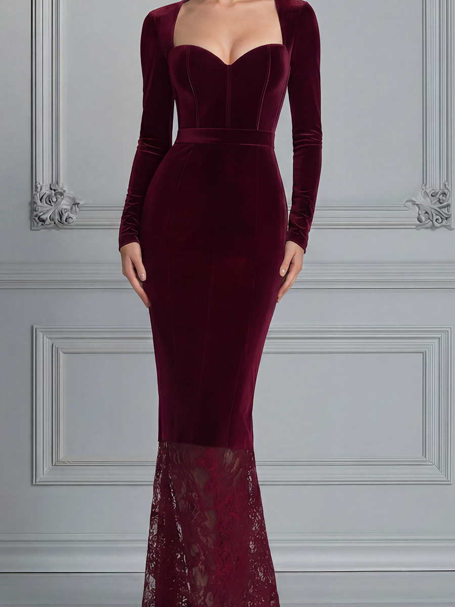 Red Dress Lace Hem Fall Wedding Guest Dress Velvet Mermaid Maxi Dress