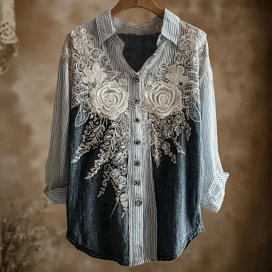 Butterfly Flower Embroidery Patchwork Striped Design Women's Summer Linen Shirt