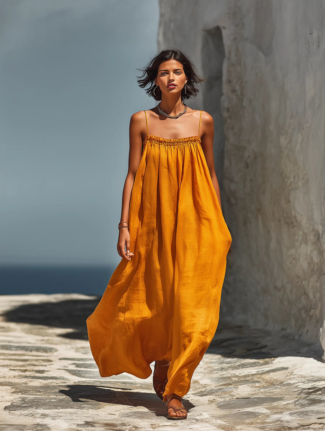 Women’s Tangerine Linen-Blend Spaghetti Strap Smocked Neck Flowy Maxi Sundress MDZ2214D9T
