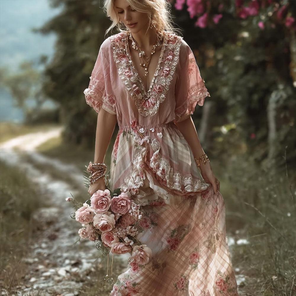 Bohème Style Retro Patchwork Plaid Skirt Rose Embroidery V-neck Dress