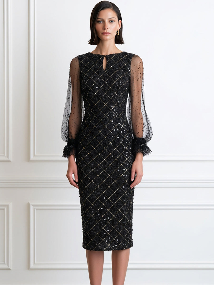 Sequin Diamond-Lattice Sheer Dot-Mesh Puff Sleeve Bodycon Midi Dress