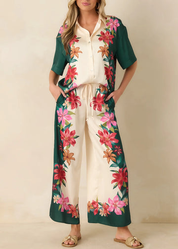 Beige Print Shirt Wide Leg Pant Set