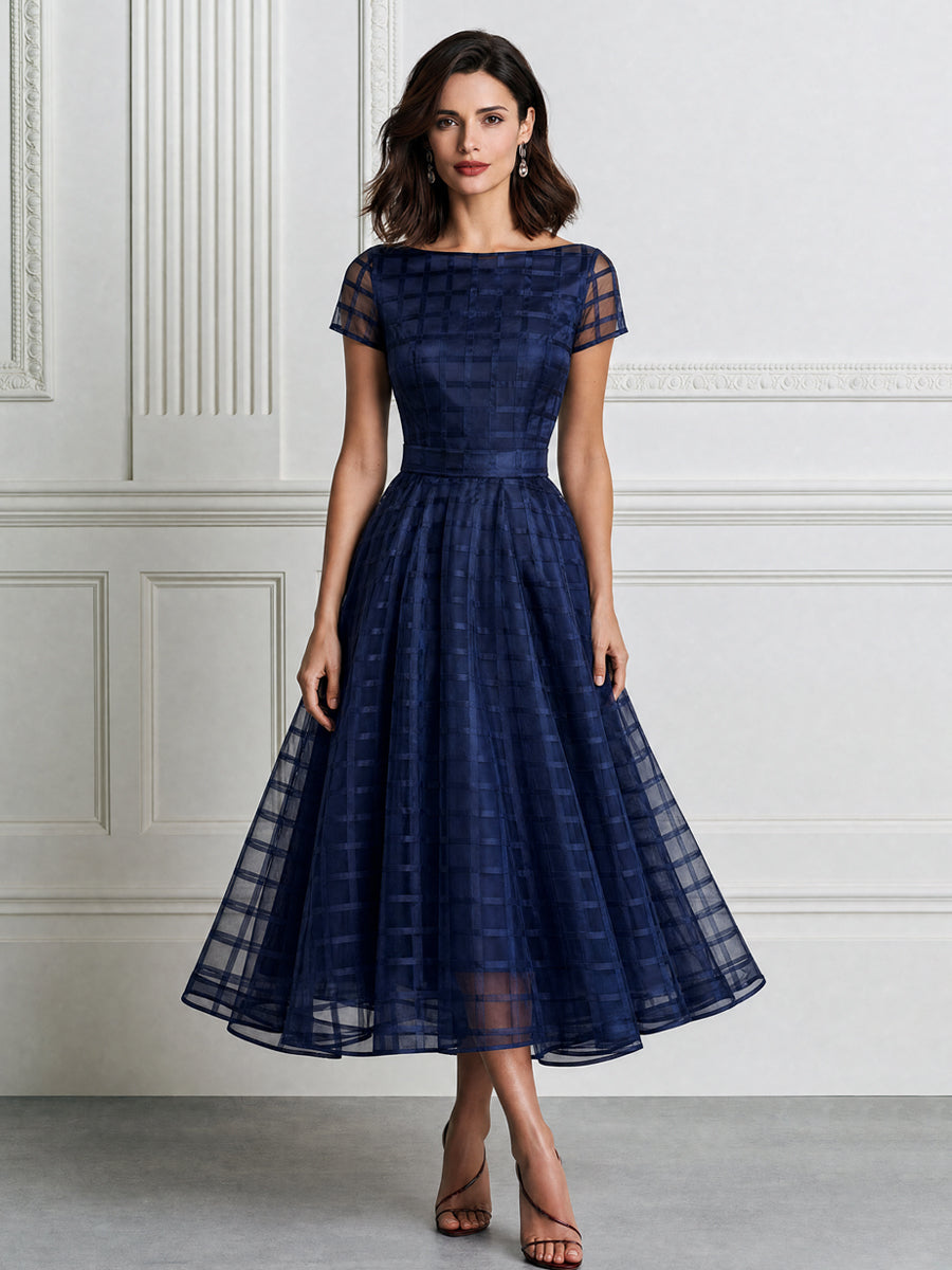 Elegant Checkered Mesh Sheer Sleeve A-Line Midi Dress