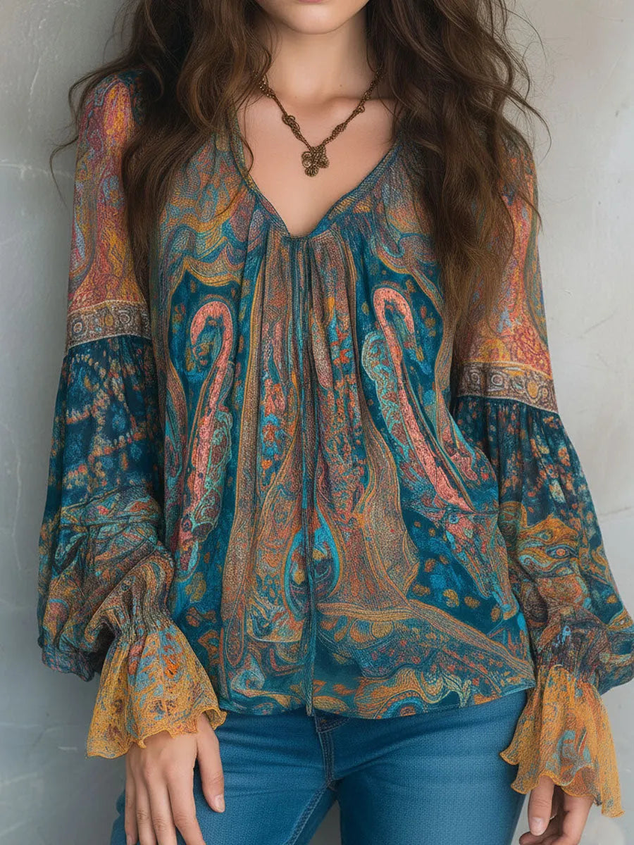 Bohemian Teal & Amber Paisley Chiffon Blouse With Ruffled Cuffs