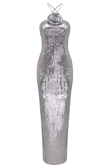 Halter Floral Sequin Maxi Dress Silver